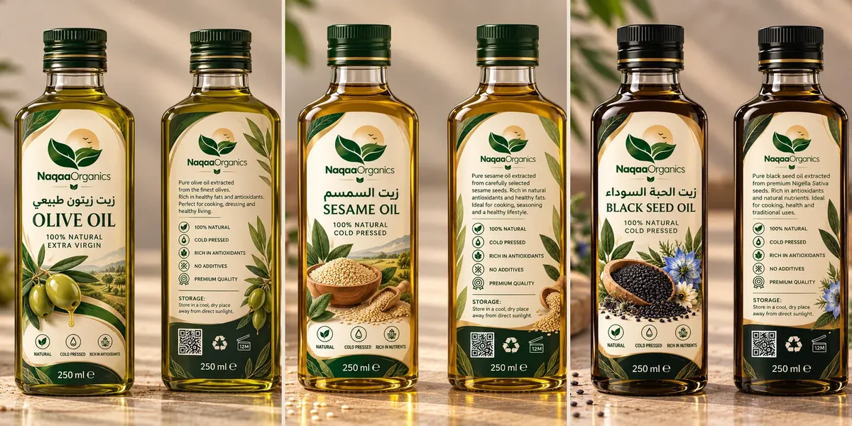 Naqaa Organics bottles of olive oil, sesame oil and black seed oil