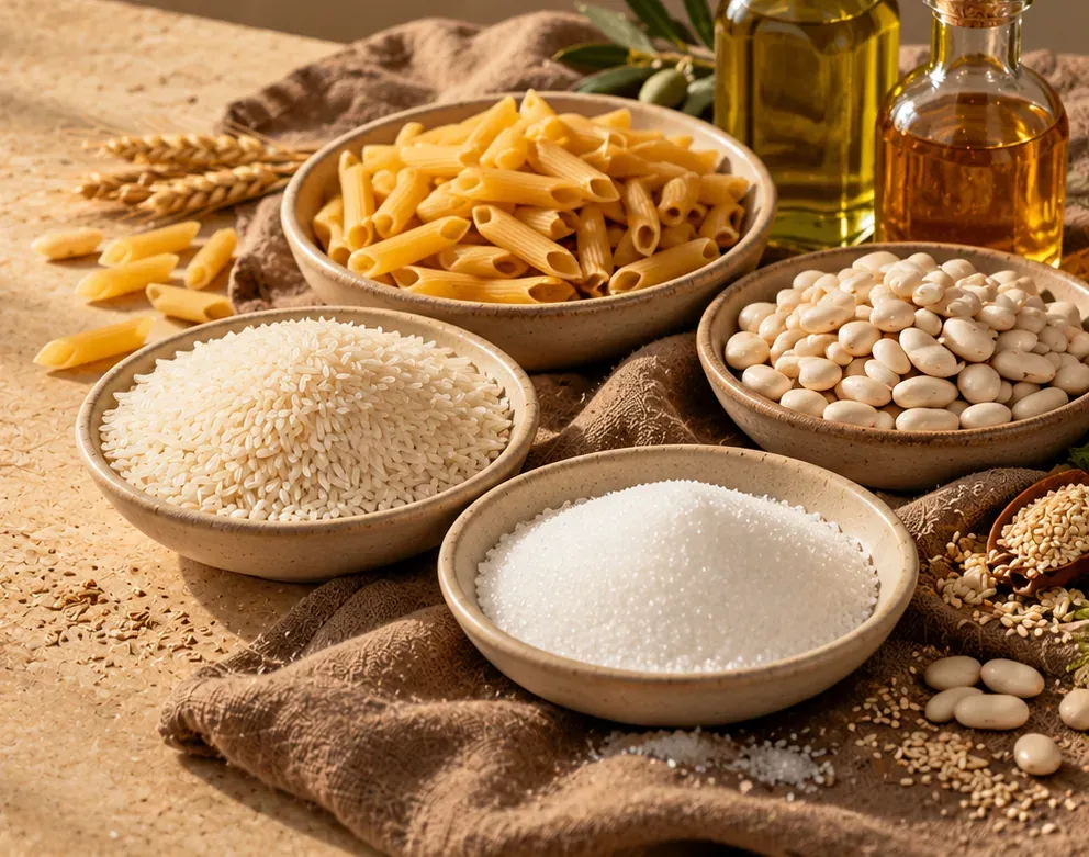 Naqaa Organics export staples: rice, pasta, sugar, white beans and natural oils